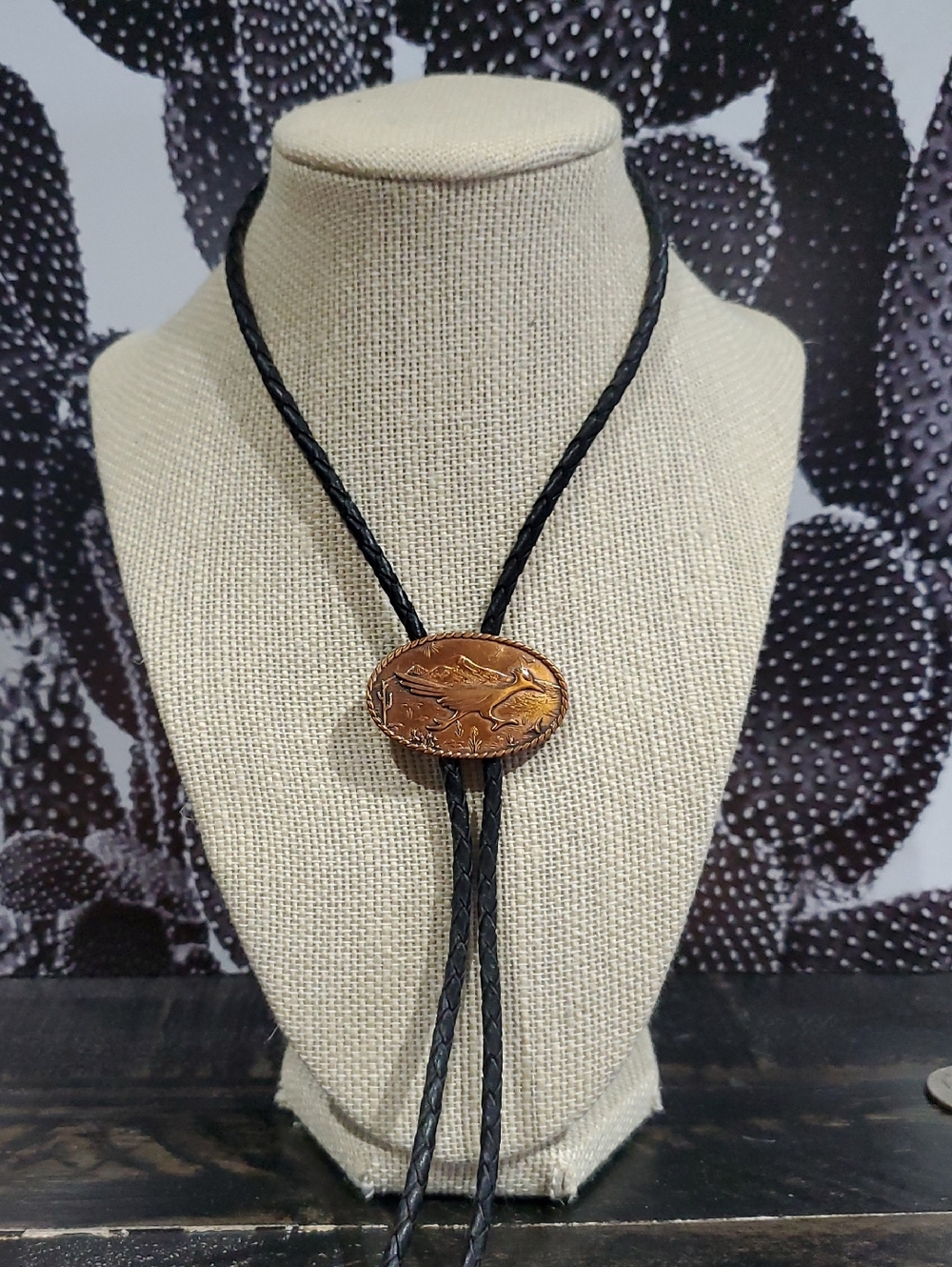 Leather Bolo Tie with Copper Roadrunner  Concho - Black Vintage Western Stamped